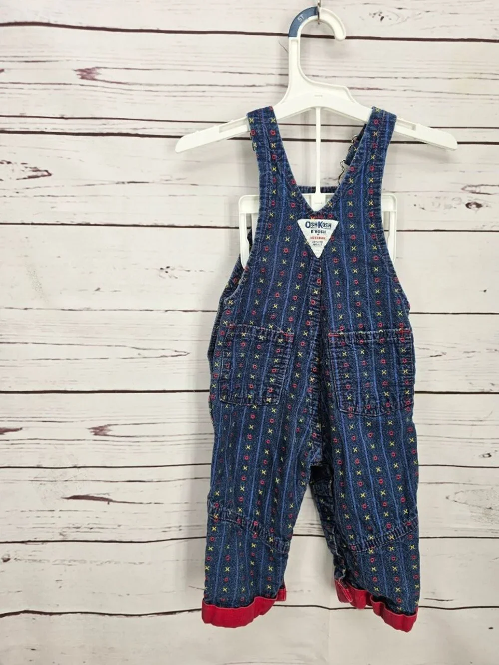 OshKosh Bgosh Infant Girls XO Tic Tack Toe Denim Overalls 6/9M Red USA Made‎